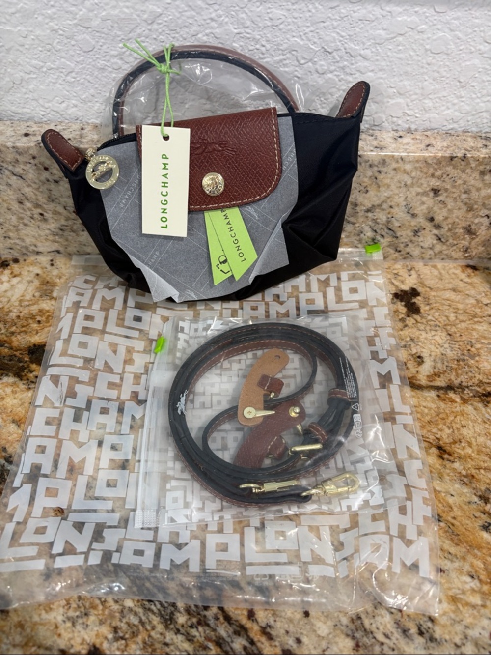 Longchamp Black Nylon Mini Tote with Brown Leather Flap